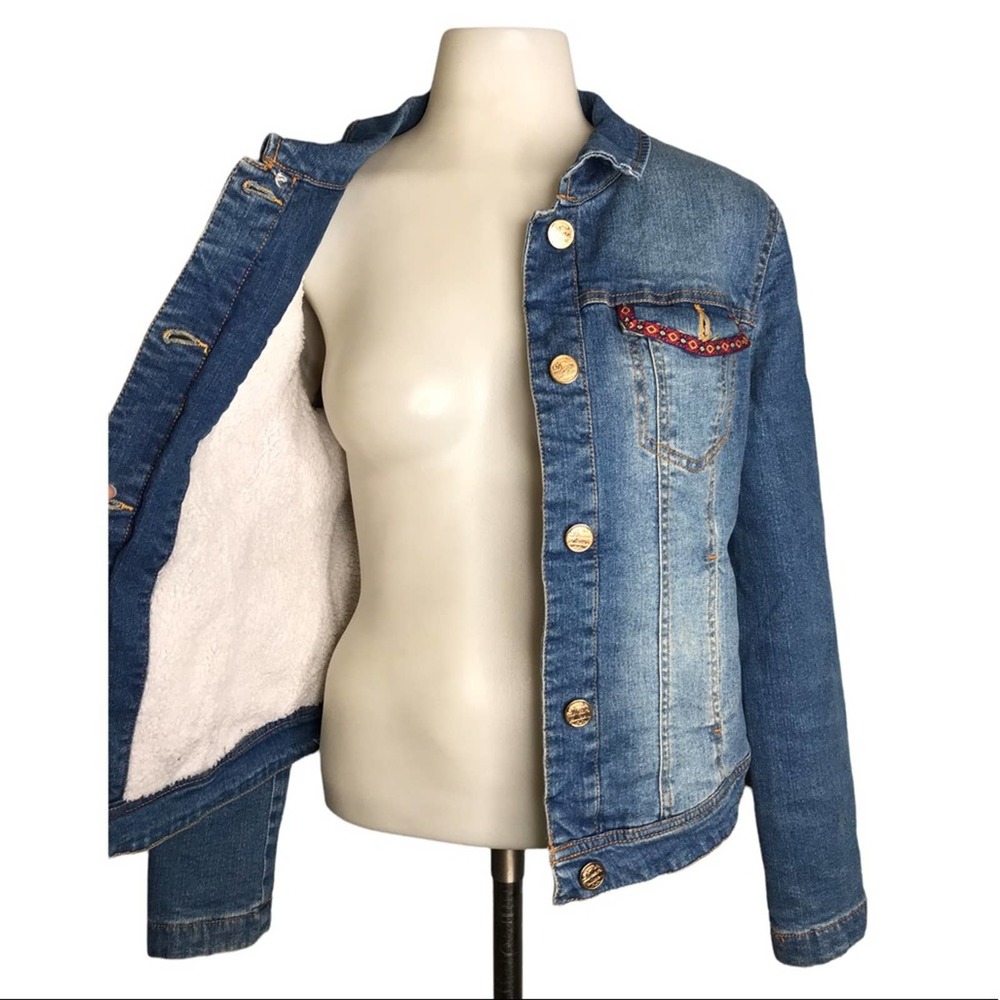 Cache Cache | Rose Knit Back Graphic Denim Jacket Sherpa Lined Jean Jacket •